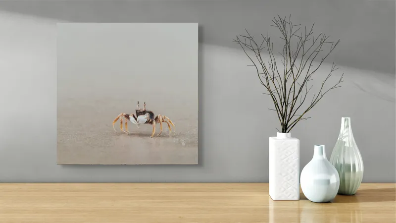 Tablou Canvas, "Mic explorator pe nisipul umed", Crab, Sand, Beach, Calm, Solitude, Reflection, Minimalism, Nature, Tranquility, Softness, 50 x 50 cm – poza 3