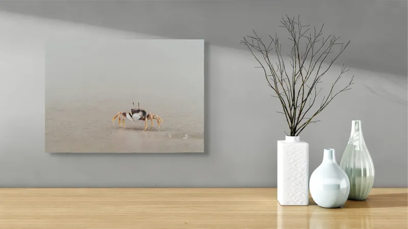 Tablou Canvas, "Mic explorator pe nisipul umed", Crab, Sand, Beach, Calm, Solitude, Reflection, Minimalism, Nature, Tranquility, Softness, 54 x 39 cm – poza 3
