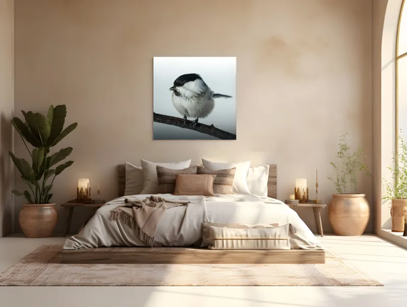 Tablou Canvas, "Micuța pasăre pe crenguță subțire", Păsărică, Ramură, Cer, Natură, Blăniță, Delicatețe, Încântare, Contrast, Panoramă, Seninătate, 100 x 100 cm – poza 4