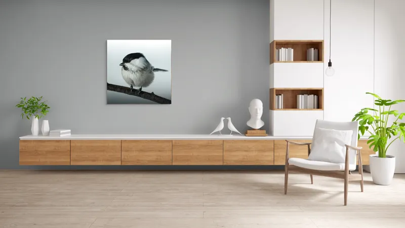 Tablou Canvas, "Micuța pasăre pe crenguță subțire", Păsărică, Ramură, Cer, Natură, Blăniță, Delicatețe, Încântare, Contrast, Panoramă, Seninătate, 100 x 100 cm – poza 8