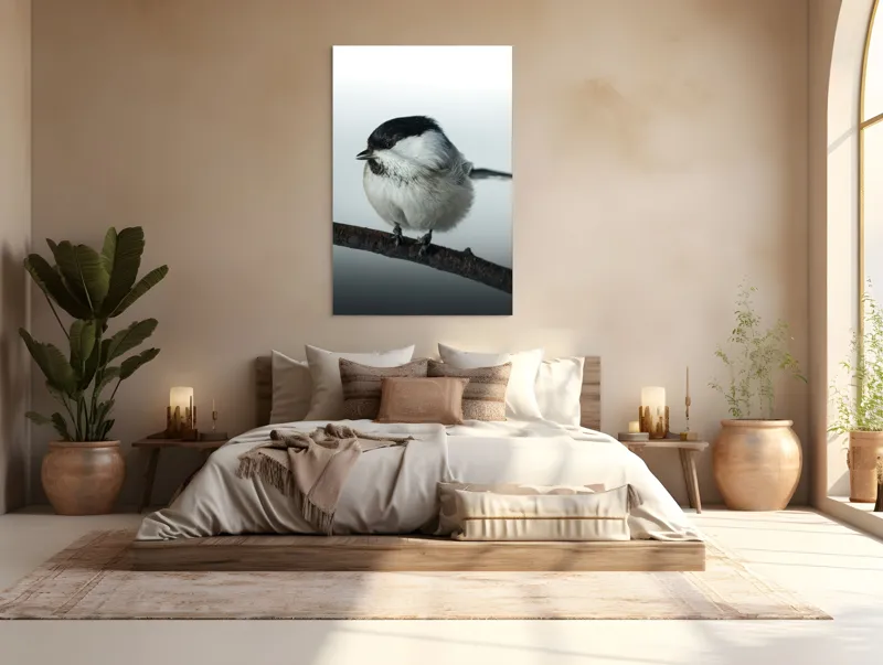 Tablou Canvas, "Micuța pasăre pe crenguță subțire", Păsărică, Ramură, Cer, Natură, Blăniță, Delicatețe, Încântare, Contrast, Panoramă, Seninătate, 100 x 150 cm – poza 3