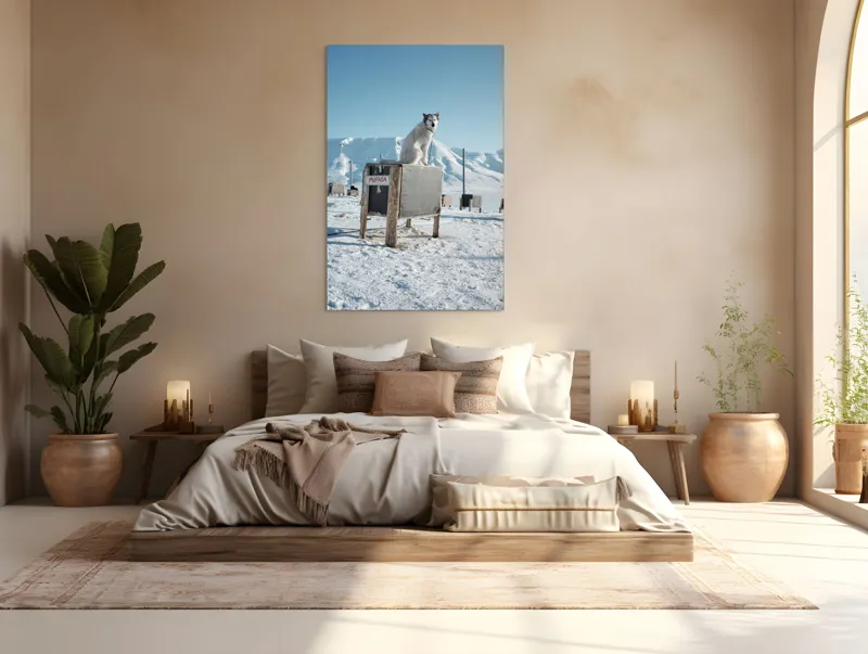 Tablou Canvas, "Câinele veghează ținutul înghețat", Iarnă, Câine, Gheață, Munți, Cer Albastru, Cușcă, Nisip Alb, Libertate, 100 x 150 cm – poza 3