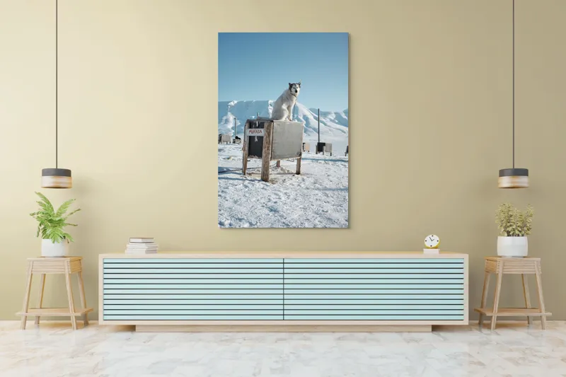 Tablou Canvas, "Câinele veghează ținutul înghețat", Iarnă, Câine, Gheață, Munți, Cer Albastru, Cușcă, Nisip Alb, Libertate, 100 x 150 cm – poza 4