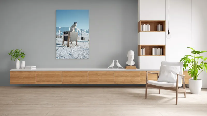 Tablou Canvas, "Câinele veghează ținutul înghețat", Iarnă, Câine, Gheață, Munți, Cer Albastru, Cușcă, Nisip Alb, Libertate, 100 x 150 cm – poza 8