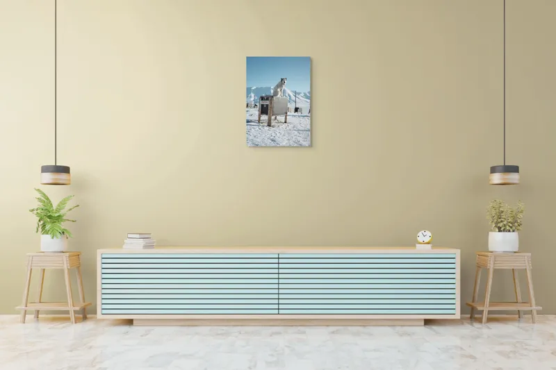 Tablou Canvas, "Câinele veghează ținutul înghețat", Iarnă, Câine, Gheață, Munți, Cer Albastru, Cușcă, Nisip Alb, Libertate, 50 x 70 cm – poza 6