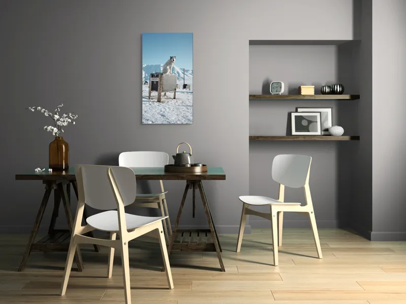 Tablou Canvas, "Câinele veghează ținutul înghețat", Iarnă, Câine, Gheață, Munți, Cer Albastru, Cușcă, Nisip Alb, Libertate, 50 x 90 cm – poza 4
