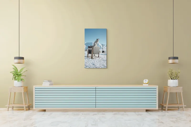 Tablou Canvas, "Câinele veghează ținutul înghețat", Iarnă, Câine, Gheață, Munți, Cer Albastru, Cușcă, Nisip Alb, Libertate, 50 x 90 cm – poza 6