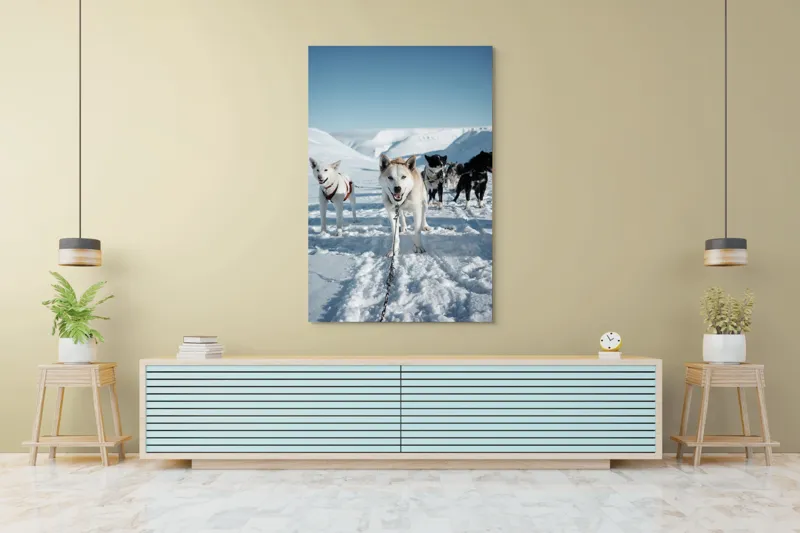 Tablou Canvas, "Câini de sanie în peisaj nordic", Câini, Sled, Zăpadă, Munți, Cer, Albastru, Aventură, Rece, Natură, Arctic., 100 x 150 cm – poza 4