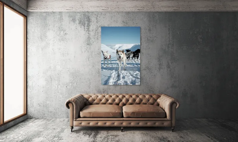 Tablou Canvas, "Câini de sanie în peisaj nordic", Câini, Sled, Zăpadă, Munți, Cer, Albastru, Aventură, Rece, Natură, Arctic., 100 x 150 cm – poza 6