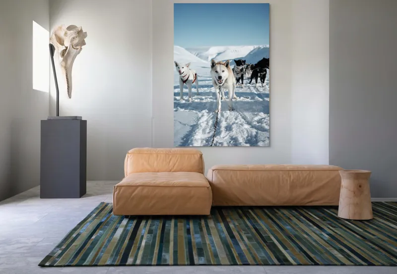 Tablou Canvas, "Câini de sanie în peisaj nordic", Câini, Sled, Zăpadă, Munți, Cer, Albastru, Aventură, Rece, Natură, Arctic., 100 x 150 cm – poza 7