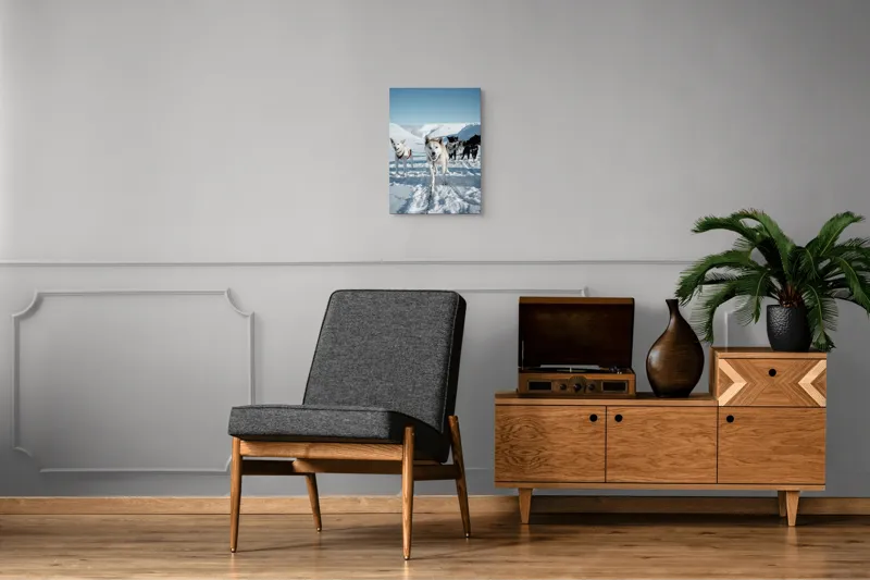 Tablou Canvas, "Câini de sanie în peisaj nordic", Câini, Sled, Zăpadă, Munți, Cer, Albastru, Aventură, Rece, Natură, Arctic., 39 x 54 cm – poza 8