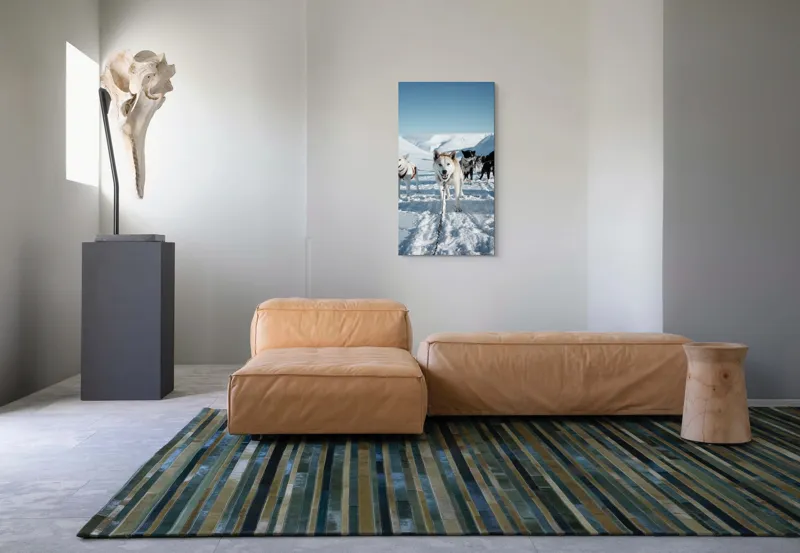 Tablou Canvas, "Câini de sanie în peisaj nordic", Câini, Sled, Zăpadă, Munți, Cer, Albastru, Aventură, Rece, Natură, Arctic., 50 x 90 cm – poza 5