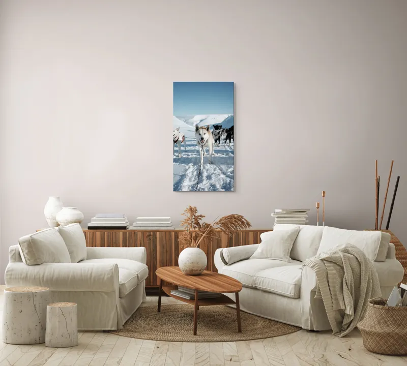 Tablou Canvas, "Câini de sanie în peisaj nordic", Câini, Sled, Zăpadă, Munți, Cer, Albastru, Aventură, Rece, Natură, Arctic., 50 x 90 cm – poza 7