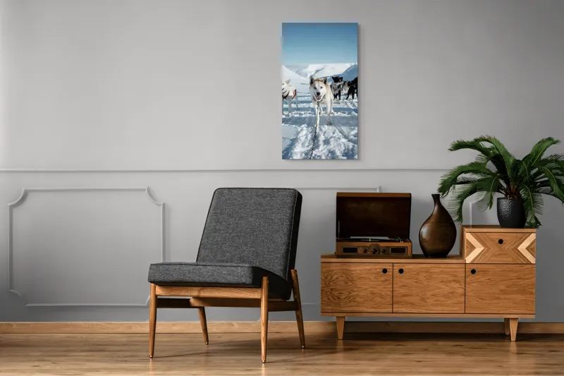 Tablou Canvas, "Câini de sanie în peisaj nordic", Câini, Sled, Zăpadă, Munți, Cer, Albastru, Aventură, Rece, Natură, Arctic., 50 x 90 cm – poza 8