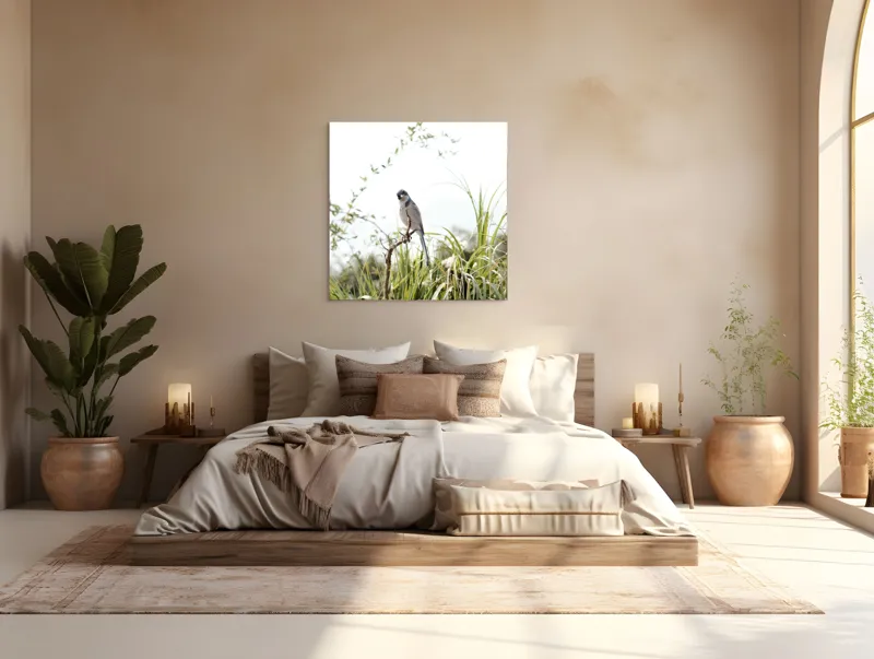 Tablou Canvas, "Pasăre albastră pe ramură uscată", Pasăre, Ramură, Verdeață, Cer, Natură, Aripi, Delicatețe., 100 x 100 cm – poza 4