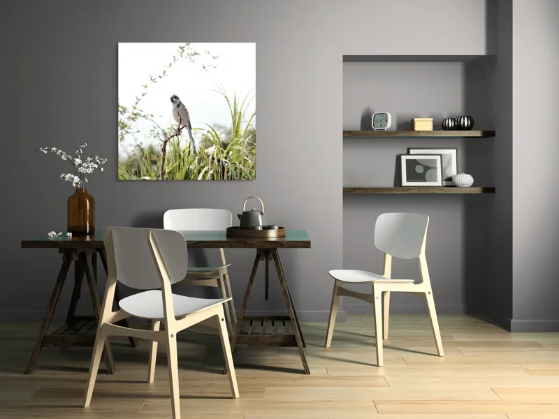 Tablou Canvas, "Pasăre albastră pe ramură uscată", Pasăre, Ramură, Verdeață, Cer, Natură, Aripi, Delicatețe., 100 x 100 cm – poza 6