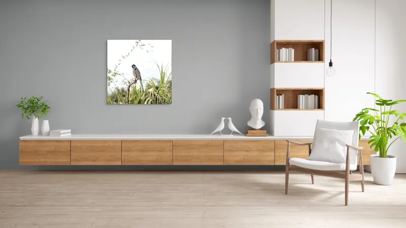 Tablou Canvas, "Pasăre albastră pe ramură uscată", Pasăre, Ramură, Verdeață, Cer, Natură, Aripi, Delicatețe., 100 x 100 cm – poza 8