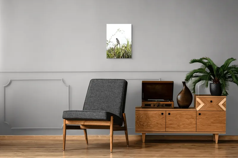 Tablou Canvas, "Pasăre albastră pe ramură uscată", Pasăre, Ramură, Verdeață, Cer, Natură, Aripi, Delicatețe., 39 x 54 cm – poza 8