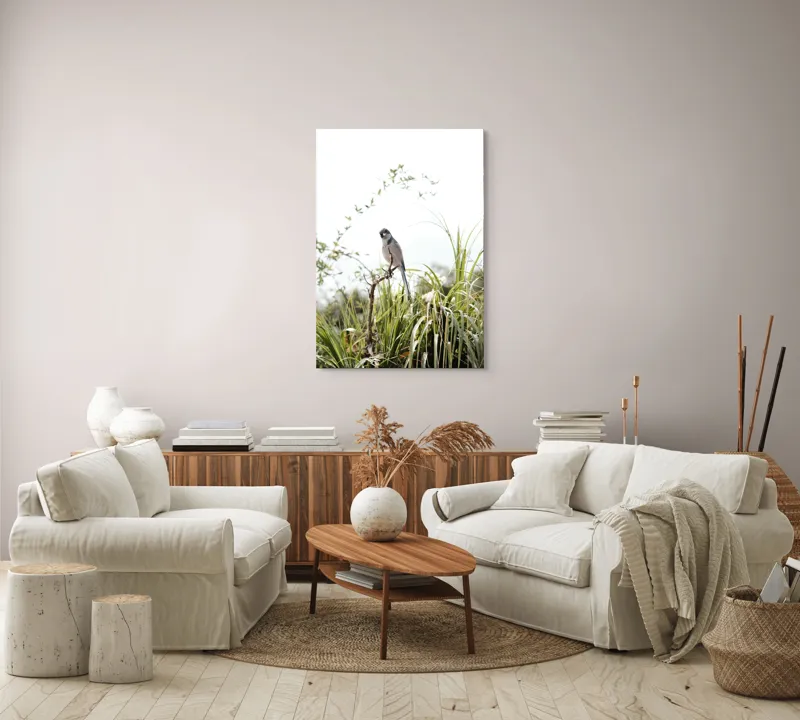 Tablou Canvas, "Pasăre albastră pe ramură uscată", Pasăre, Ramură, Verdeață, Cer, Natură, Aripi, Delicatețe., 70 x 100 cm – poza 4