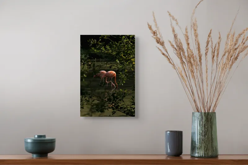 Tablou Canvas, "Flamingo roz în lumina dimineții", Flamingo, Reflecție, Apă, Frunze, Culoare, Natură, Lumină, Serenitate, 26 x 39 cm – poza 5