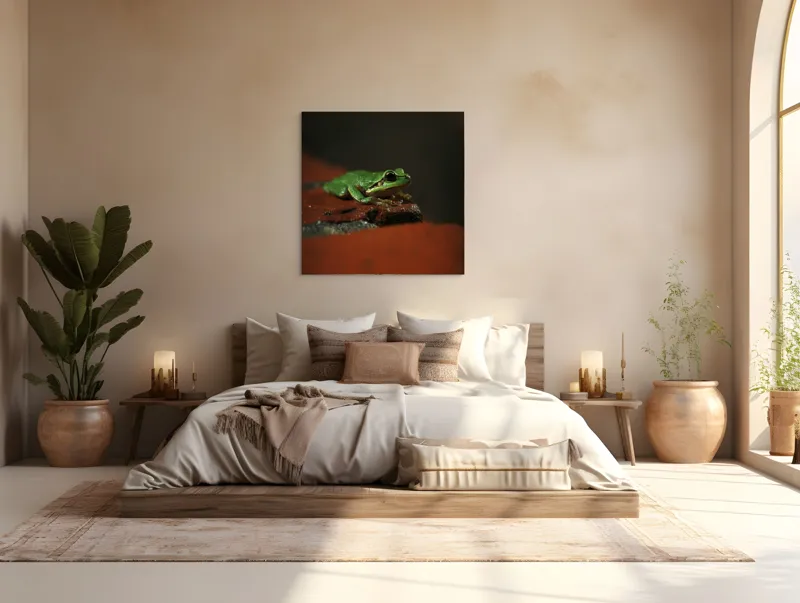 Tablou Canvas, "Broască singuratică pe piatră umedă", Verde, Mică, Broască, Apăsat, Ochi, Ascuns, Umectat, Textură., 100 x 100 cm – poza 4