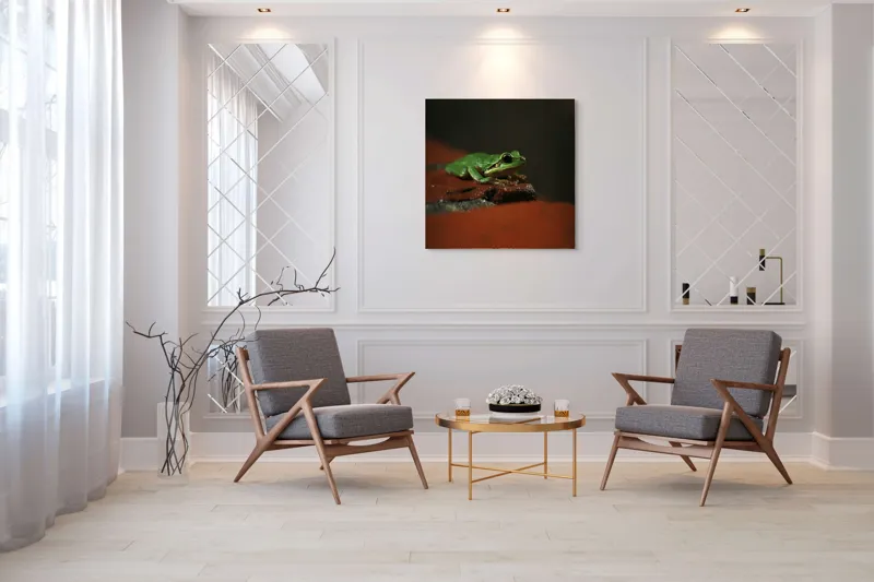 Tablou Canvas, "Broască singuratică pe piatră umedă", Verde, Mică, Broască, Apăsat, Ochi, Ascuns, Umectat, Textură., 100 x 100 cm – poza 7