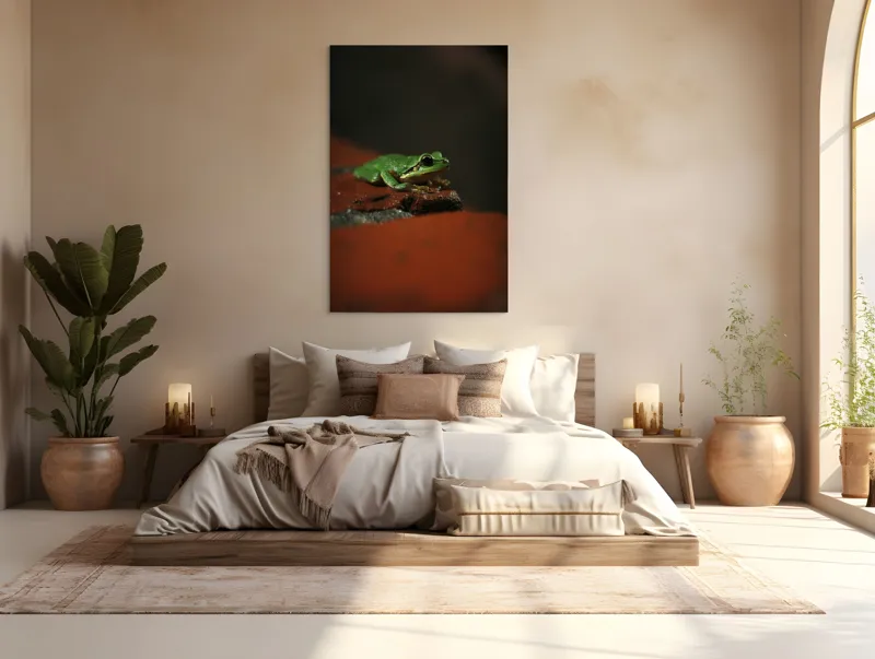 Tablou Canvas, "Broască singuratică pe piatră umedă", Verde, Mică, Broască, Apăsat, Ochi, Ascuns, Umectat, Textură., 100 x 150 cm – poza 3