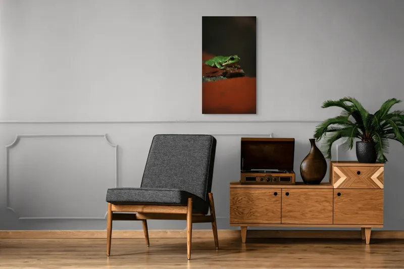 Tablou Canvas, "Broască singuratică pe piatră umedă", Verde, Mică, Broască, Apăsat, Ochi, Ascuns, Umectat, Textură., 50 x 90 cm – poza 8