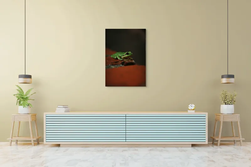 Tablou Canvas, "Broască singuratică pe piatră umedă", Verde, Mică, Broască, Apăsat, Ochi, Ascuns, Umectat, Textură., 70 x 100 cm – poza 5