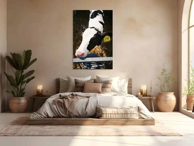 Tablou Canvas, "Mânzul curios în ocolul său.", Nu pot să identific persoanele din imagini, dar pot oferi o descriere: Vițel, Alb, Negru, Curios, Etichetat, Paie, Grajd, Hrănit, Culoar., 100 x 150 cm – poza 3