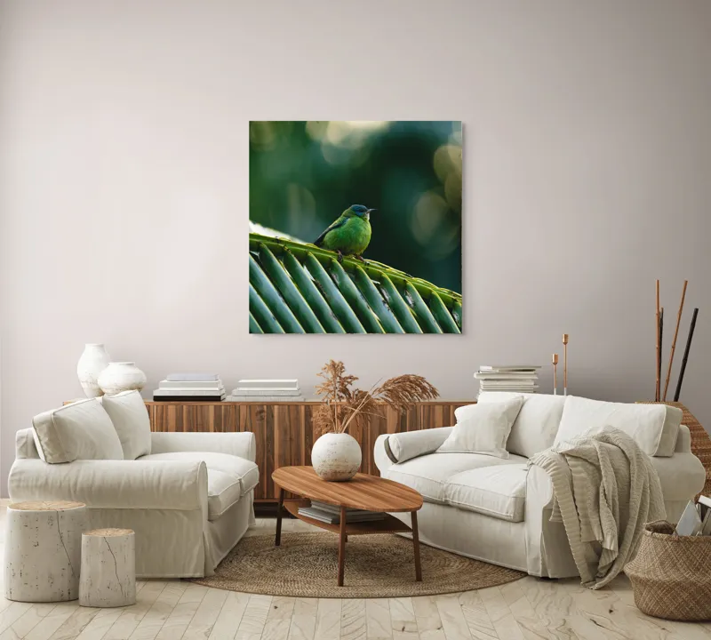 Tablou Canvas, "Păsărică pe frunza de palmier", Plumaj, Verde, Pădure, Natură, Serenitate, Pene, Frumusețe, Liniște, 100 x 100 cm – poza 3