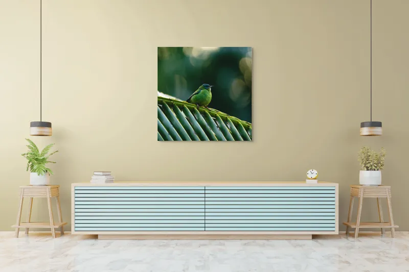 Tablou Canvas, "Păsărică pe frunza de palmier", Plumaj, Verde, Pădure, Natură, Serenitate, Pene, Frumusețe, Liniște, 100 x 100 cm – poza 5