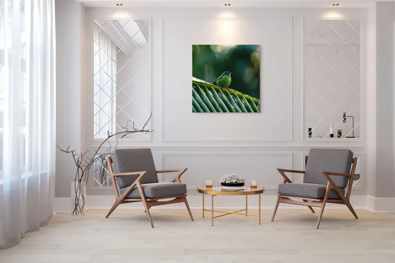 Tablou Canvas, "Păsărică pe frunza de palmier", Plumaj, Verde, Pădure, Natură, Serenitate, Pene, Frumusețe, Liniște, 100 x 100 cm – poza 7