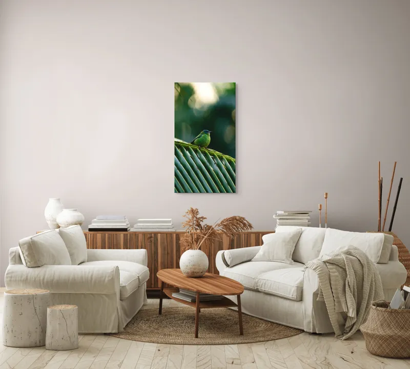 Tablou Canvas, "Păsărică pe frunza de palmier", Plumaj, Verde, Pădure, Natură, Serenitate, Pene, Frumusețe, Liniște, 50 x 90 cm – poza 7
