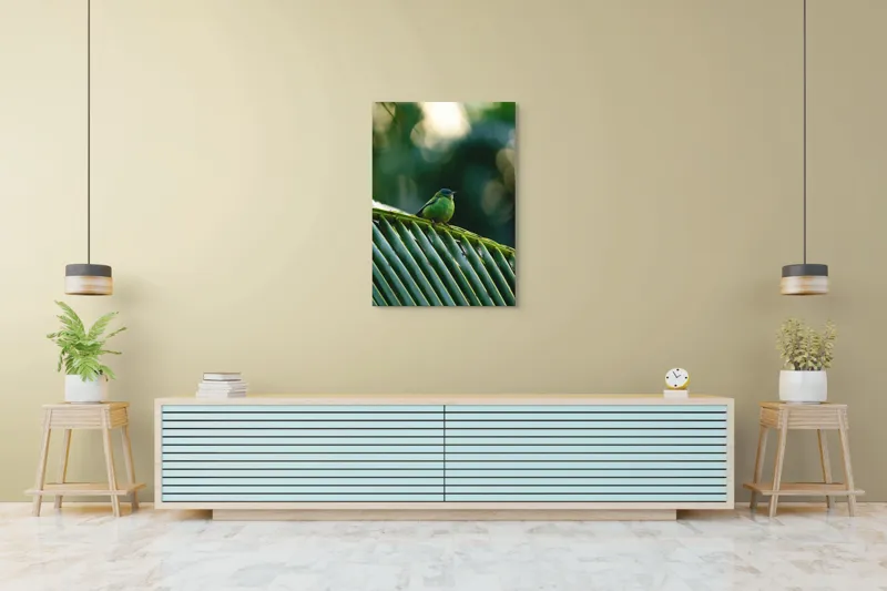 Tablou Canvas, "Păsărică pe frunza de palmier", Plumaj, Verde, Pădure, Natură, Serenitate, Pene, Frumusețe, Liniște, 70 x 100 cm – poza 5