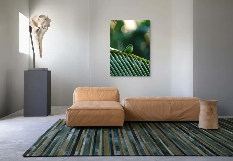 Tablou Canvas, "Păsărică pe frunza de palmier", Plumaj, Verde, Pădure, Natură, Serenitate, Pene, Frumusețe, Liniște, 70 x 100 cm – poza 7
