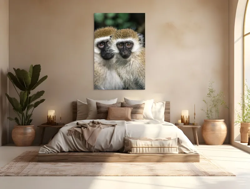 Tablou Canvas, "Două maimuțe printre copaci verzi", Primate, Blană, Privire, Curiozitate, Natură, Expresie, Părțile, Față, Ochii, Verde, Focalizare, Surprindere, Păr Pufoș, Vedere, Contrast., 100 x 150 cm – poza 3