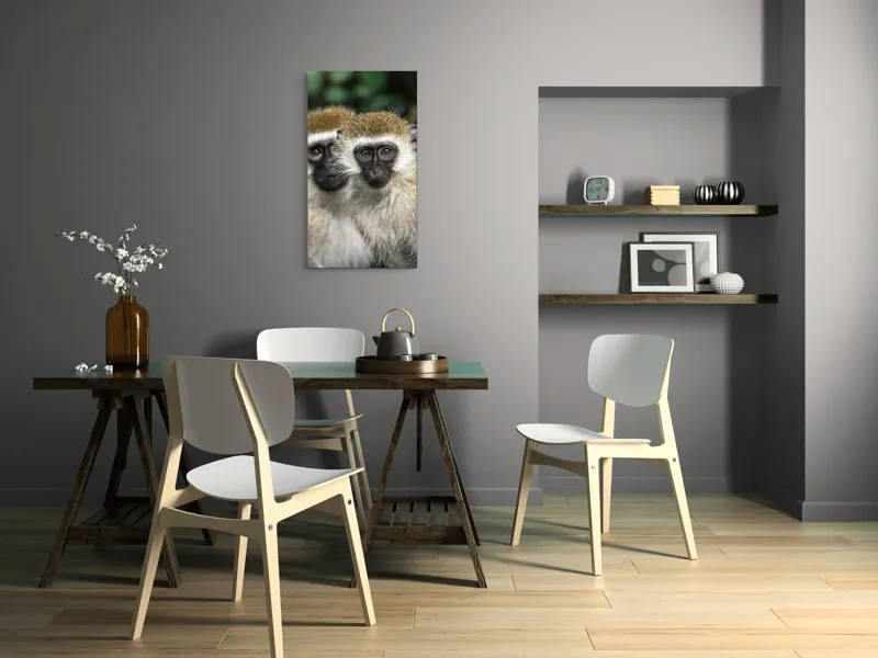 Tablou Canvas, "Două maimuțe printre copaci verzi", Primate, Blană, Privire, Curiozitate, Natură, Expresie, Părțile, Față, Ochii, Verde, Focalizare, Surprindere, Păr Pufoș, Vedere, Contrast., 50 x 90 cm – poza 4
