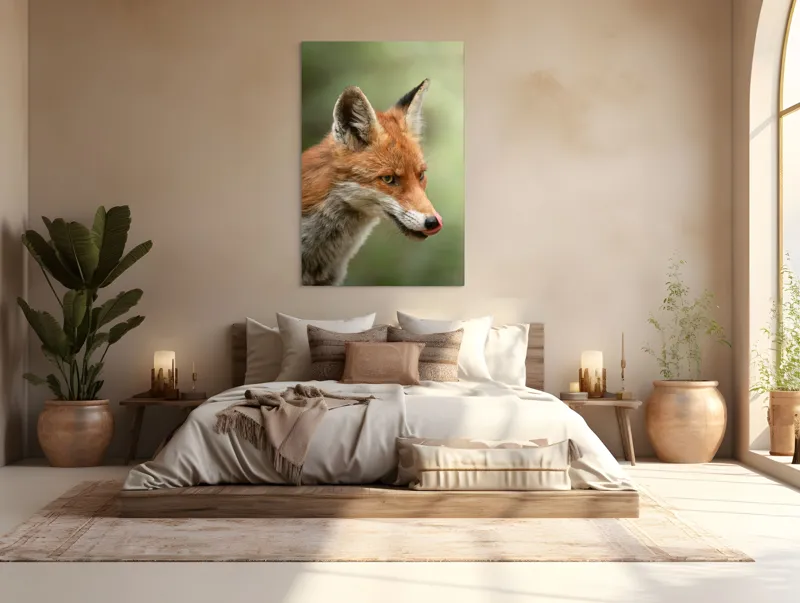 Tablou Canvas, "Vulpea contemplativă în lumina dimineții", Vulpe, Blană, Urechi, Nas, Ochi, Limbă, Natură, Concentrat, Sălbăticie, Pădure, 100 x 150 cm – poza 3