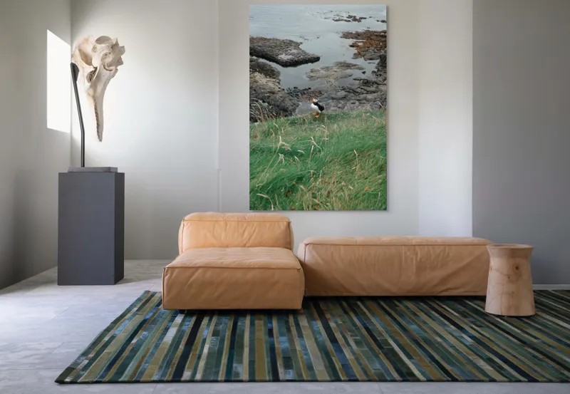 Tablou Canvas, "Pufin solitar pe stâncile de coastă", Iarba, Puffin, Stânci, Mare, Cer, Horizon, Valuri, Natură, Sălbăticie, Peisaj., 100 x 150 cm – poza 7