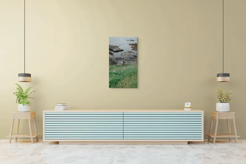 Tablou Canvas, "Pufin solitar pe stâncile de coastă", Iarba, Puffin, Stânci, Mare, Cer, Horizon, Valuri, Natură, Sălbăticie, Peisaj., 50 x 90 cm – poza 6