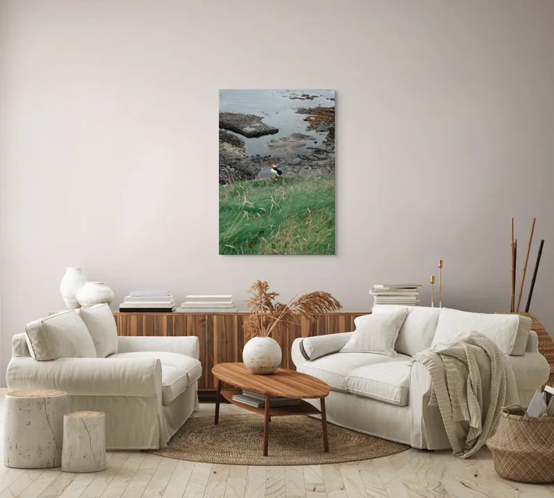 Tablou Canvas, "Pufin solitar pe stâncile de coastă", Iarba, Puffin, Stânci, Mare, Cer, Horizon, Valuri, Natură, Sălbăticie, Peisaj., 70 x 100 cm – poza 4