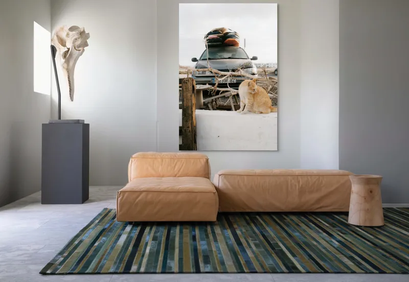 Tablou Canvas, "Pisica de pază în portbagajul verii", Pisică, Mașină, Geamuri, Valize, Ramură, Gard, Nor, Drum, Peisaj, Urban., 100 x 150 cm – poza 7