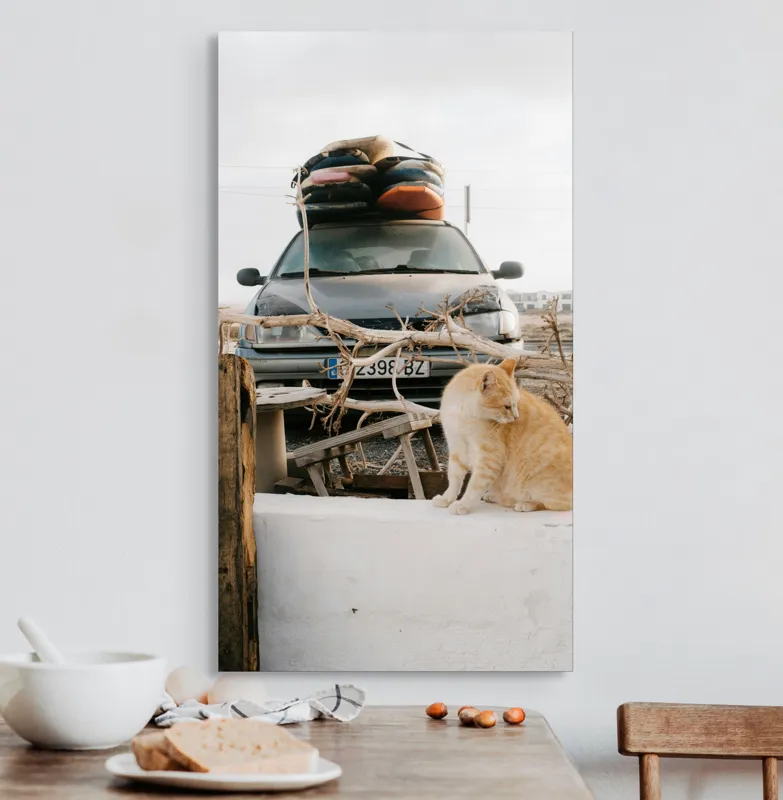 Tablou Canvas, "Pisica de pază în portbagajul verii", Pisică, Mașină, Geamuri, Valize, Ramură, Gard, Nor, Drum, Peisaj, Urban., 50 x 90 cm – poza 3