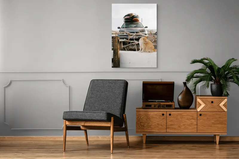 Tablou Canvas, "Pisica de pază în portbagajul verii", Pisică, Mașină, Geamuri, Valize, Ramură, Gard, Nor, Drum, Peisaj, Urban., 70 x 100 cm – poza 6