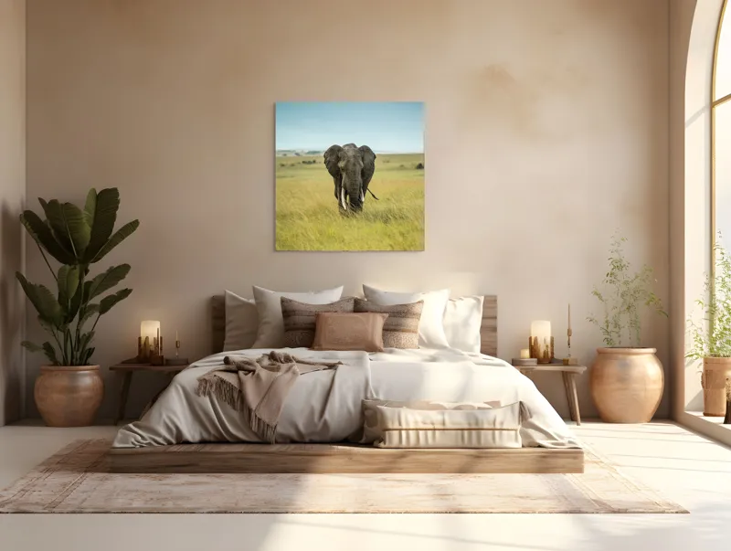 Tablou Canvas, "Elefant solitar pe câmpie africană", Elefant, Savannah, Iarbă, Cer, Teren, Serengeti, Natură, Tundră, Colți, Măreție, 100 x 100 cm – poza 4