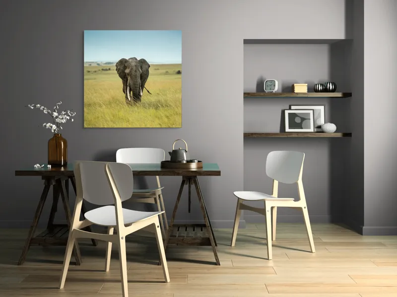 Tablou Canvas, "Elefant solitar pe câmpie africană", Elefant, Savannah, Iarbă, Cer, Teren, Serengeti, Natură, Tundră, Colți, Măreție, 100 x 100 cm – poza 6