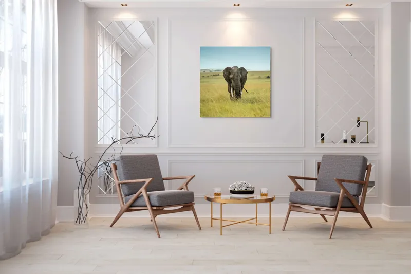 Tablou Canvas, "Elefant solitar pe câmpie africană", Elefant, Savannah, Iarbă, Cer, Teren, Serengeti, Natură, Tundră, Colți, Măreție, 100 x 100 cm – poza 7