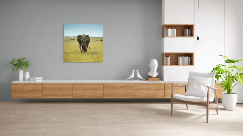 Tablou Canvas, "Elefant solitar pe câmpie africană", Elefant, Savannah, Iarbă, Cer, Teren, Serengeti, Natură, Tundră, Colți, Măreție, 100 x 100 cm – poza 8