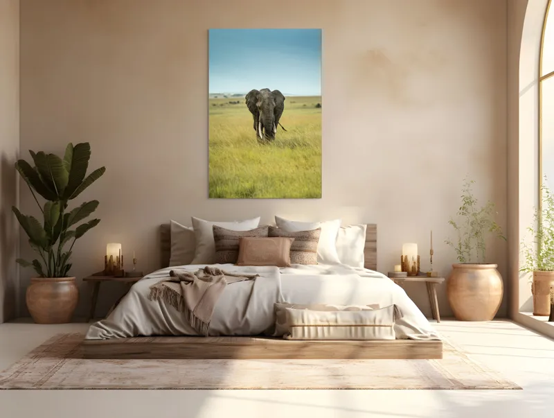 Tablou Canvas, "Elefant solitar pe câmpie africană", Elefant, Savannah, Iarbă, Cer, Teren, Serengeti, Natură, Tundră, Colți, Măreție, 100 x 150 cm – poza 3